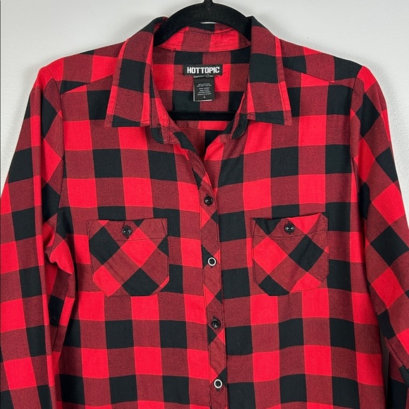 Hot Topic Plaid Spine Back Woven Button-Up Long Sleeve Shirt Large Red Black - Picture 3 of 12